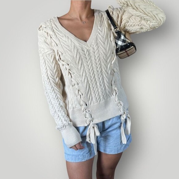 Zara Cream Cable Knit Sweater Lace Up Ribbon Detail Long Sleeve Chunky Preppy S - Picture 1 of 9